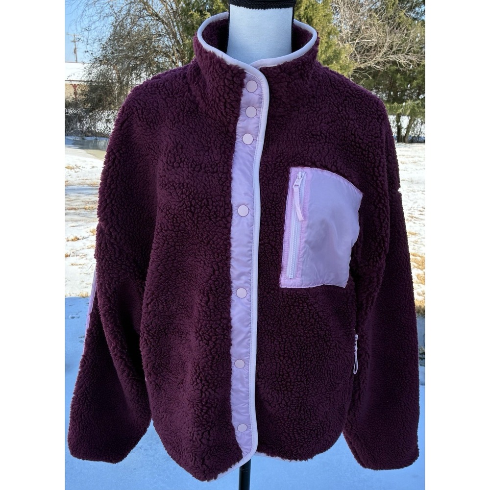 Fabletics NEW Tahoe Teddy Jacket Women's Merlot/Soft Pink Snap Button Fleece XL